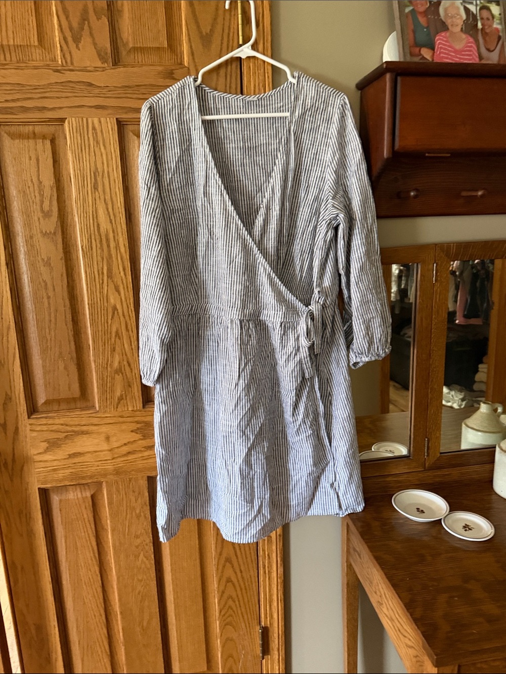 Old Navy Blue and White Striped Long-Sleeve Wrap Dress